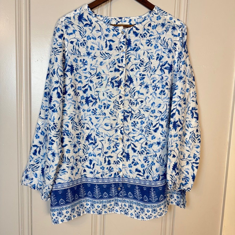 Joie 100% Linen Blue and White Floral Porcelain Print Button Down‎ Shirt 1X